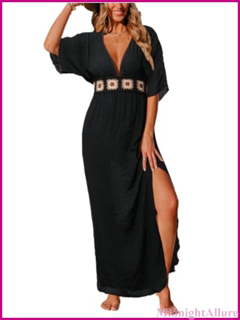 V-Neck Maxi Swim Cover-Up Dress Crochet Panel Side Slit Half Sleeve Beach